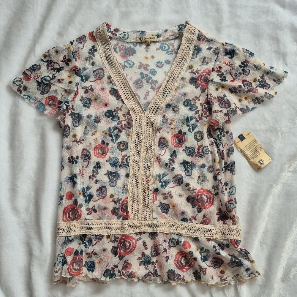 Democracy Floral Lace Cap Ruffle Sleeve Size Small